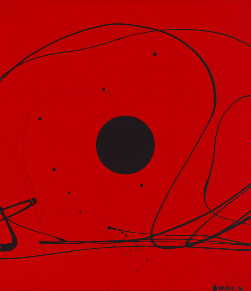 Black sphere on red with black outlines.