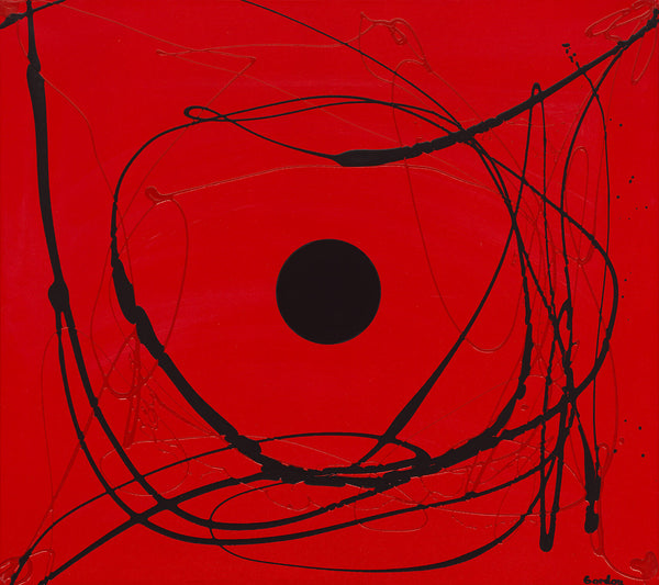 Black sphere on red with black drips.