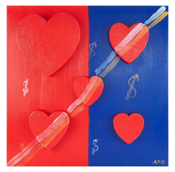 Five red hearts, mixed media. Red and blue background.