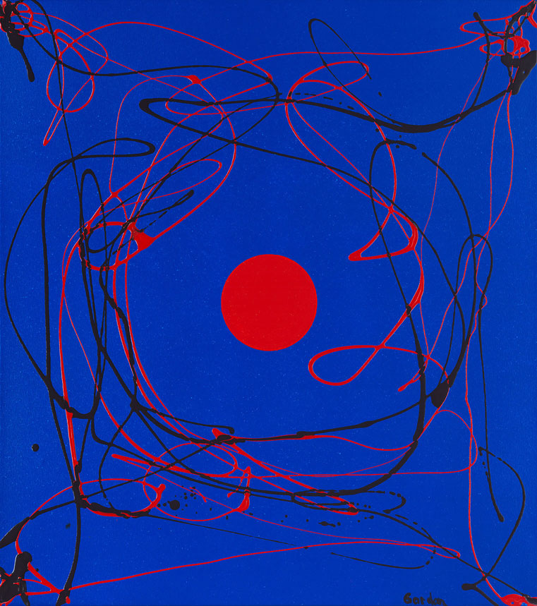 Red sphere on blue background with outlines.