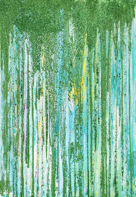 Forest green vertical glitter drips on turquoise and white. Mixed media.