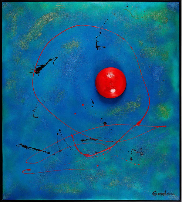 Red sphere on blue and green with spray technique.