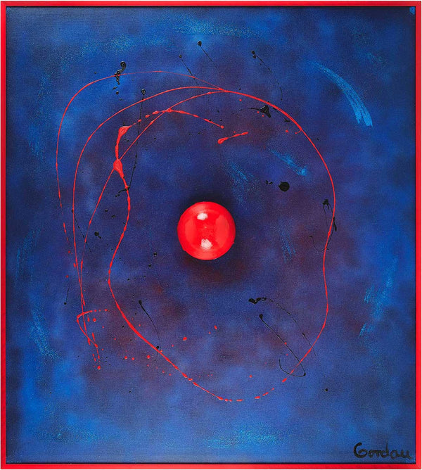 Red sphere on blue with black dots.