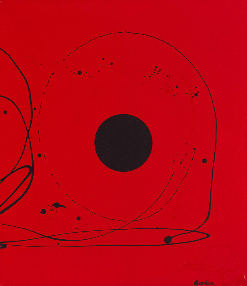 Central black sphere on red.