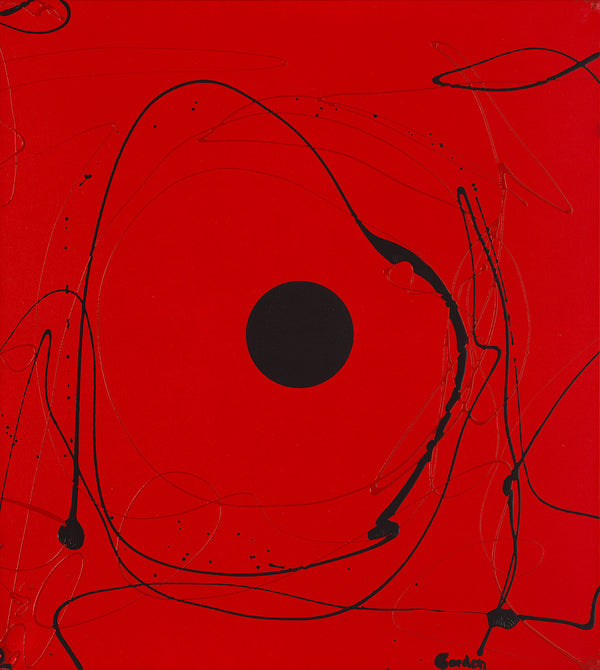 Black sphere on red with black outlines.