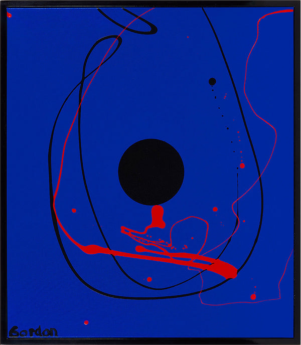 Black sphere on blue with red outlines.