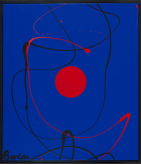 Red sphere on blue with red and black dripps.