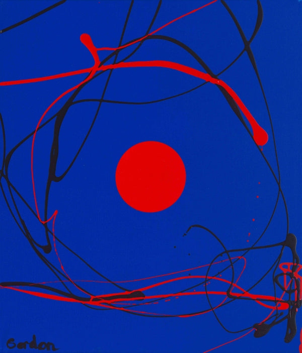 Central red sphere on blue .