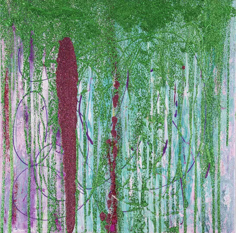 Vertical forest green and burgundy glitter drips on violet and turquoise. Mixed media.