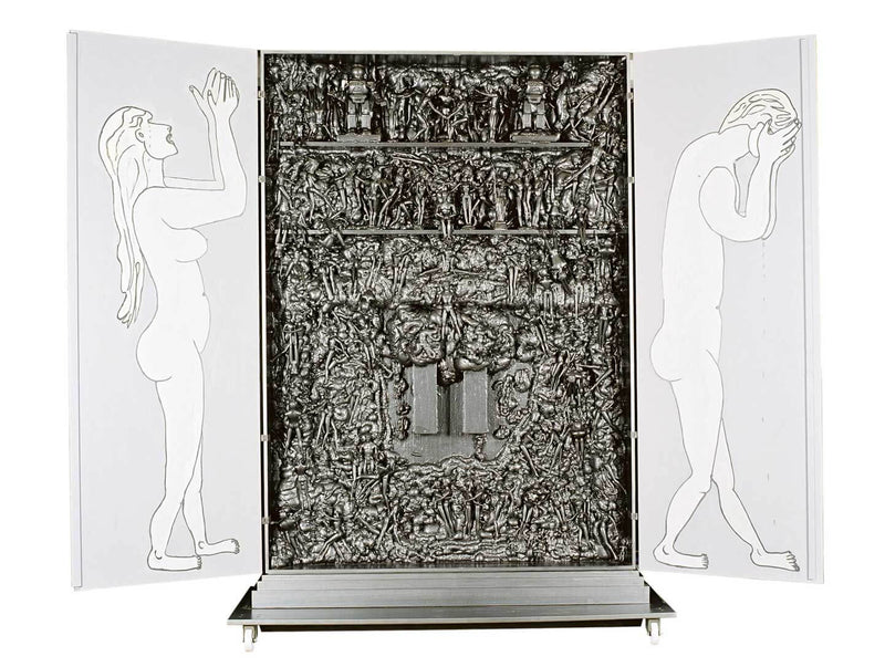 Wooden cabinet with grey painted 230 Barbies and twin towers.