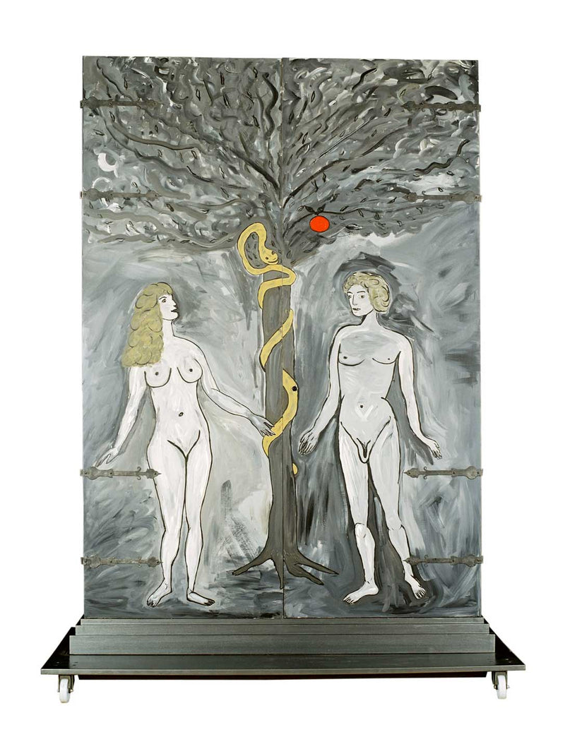  Outside of cabinet shows Adam and Eve illustration.