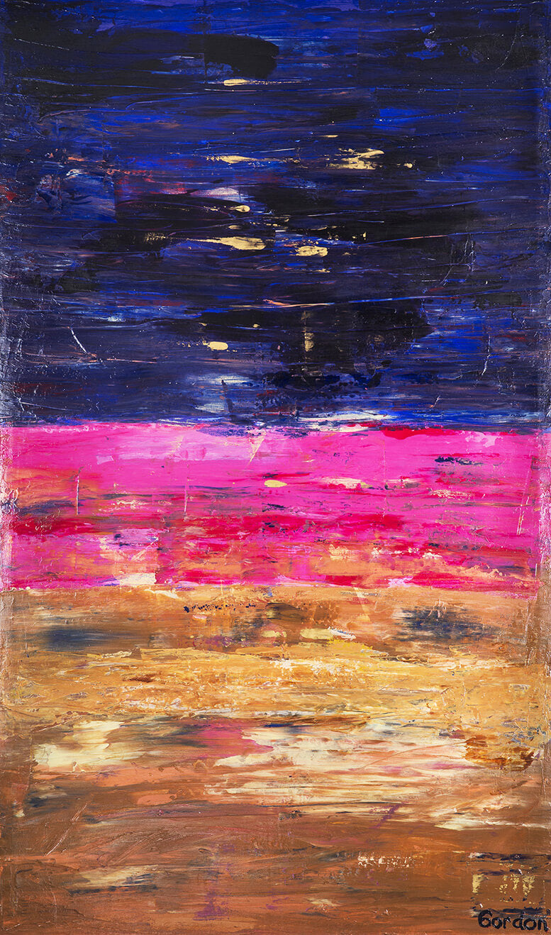 Land and sea. Pink, sand, and blue horizontal layers on structured colour base.