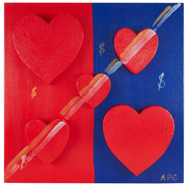 Five red hearts on red and blue. Mixed media.