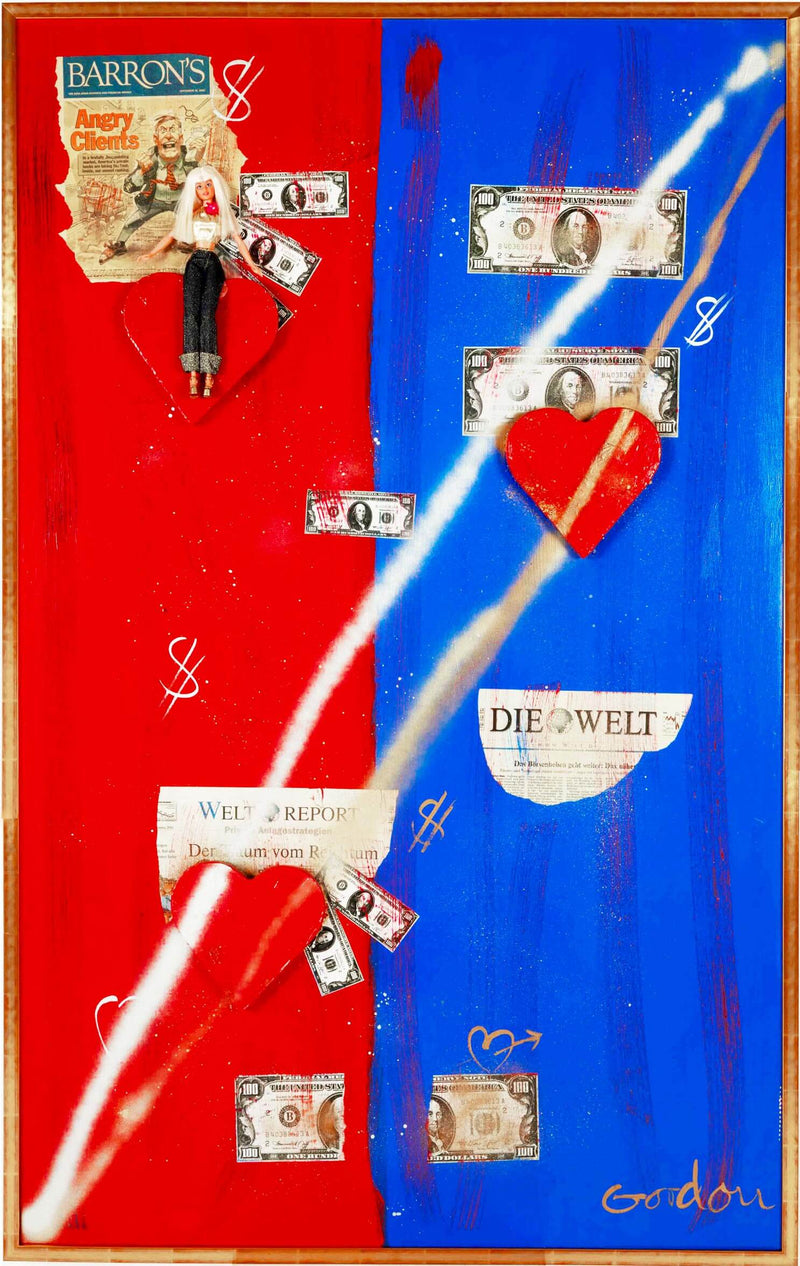 Collage with three hearts and Barbie on red and blue.