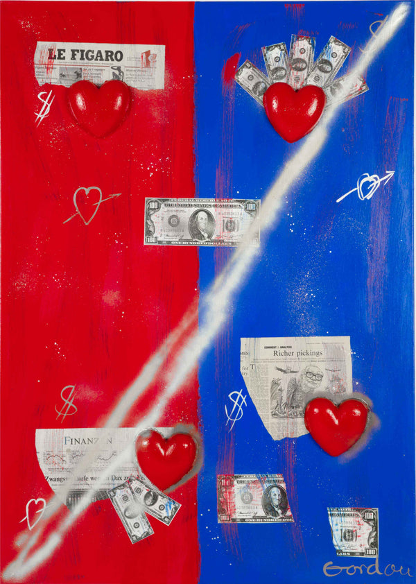 Collage with four hearts and dollar bills.
