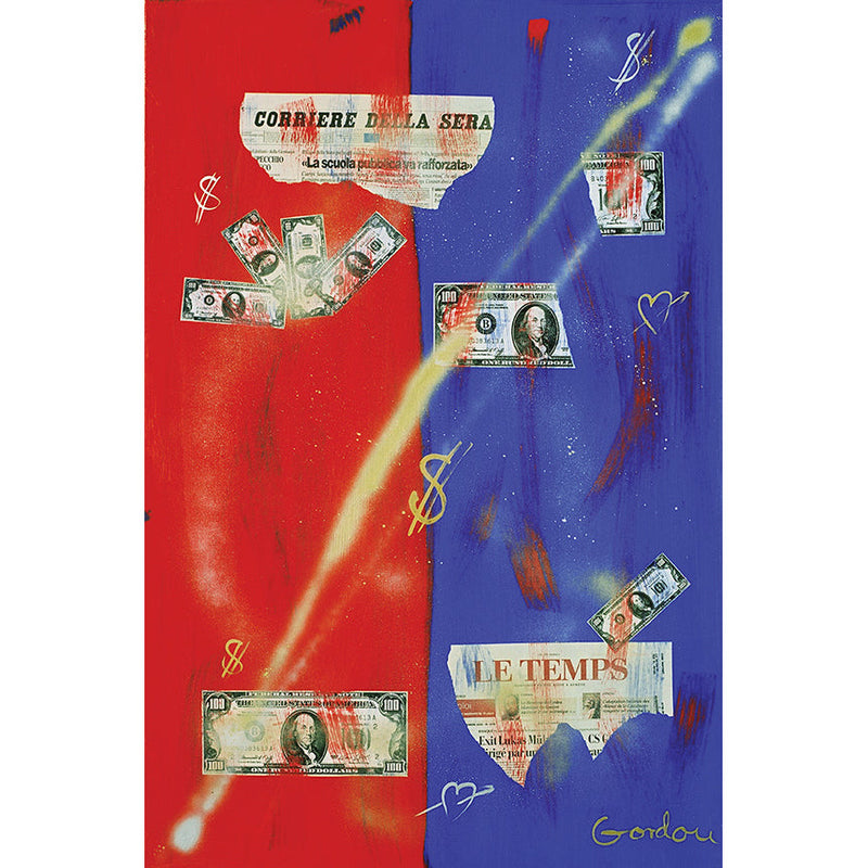 Collage on red and blue with dollar bills and newspaper clippings.