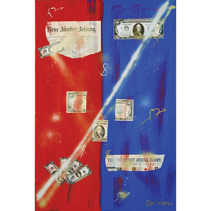 Collage with newspaper clippings and dollar bills. On blue and red.
