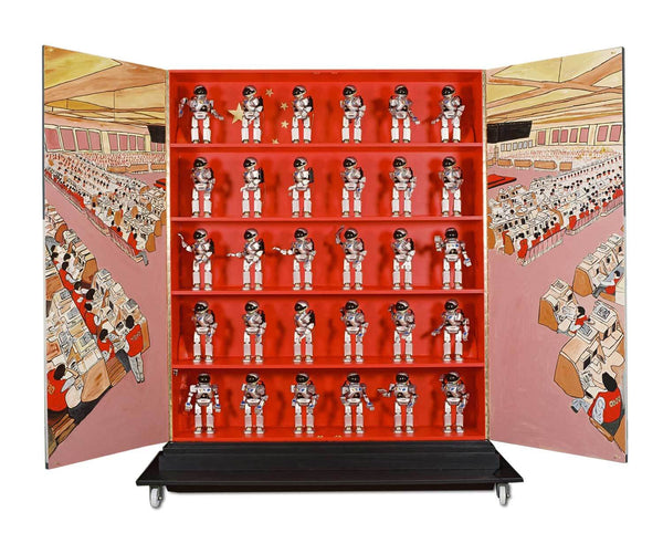 Inside of cabinet doors illustrated with the Hong Kong stock exchange. 30 Robots inside cabinet. 