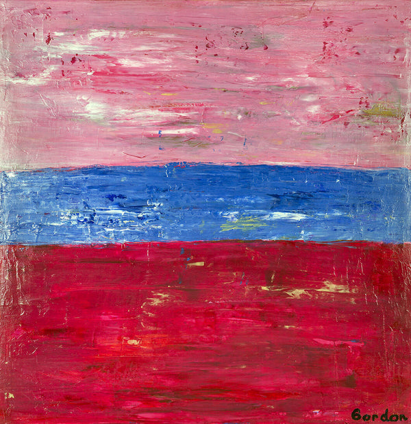 Sea and land. Pink and blue overlapping horizontal layers on structured colour base.