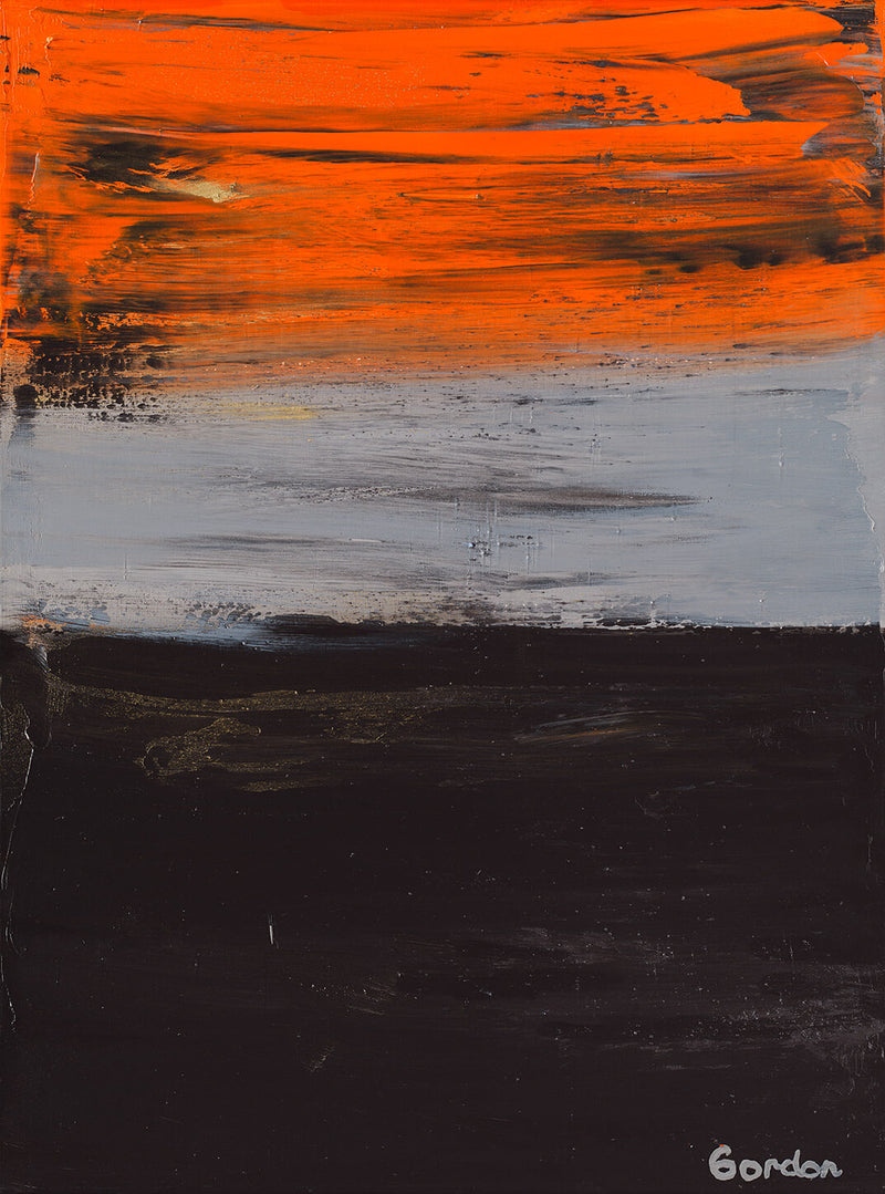 Horizons over land and sea. Orange, grey, and black horizontal overlapping layers.