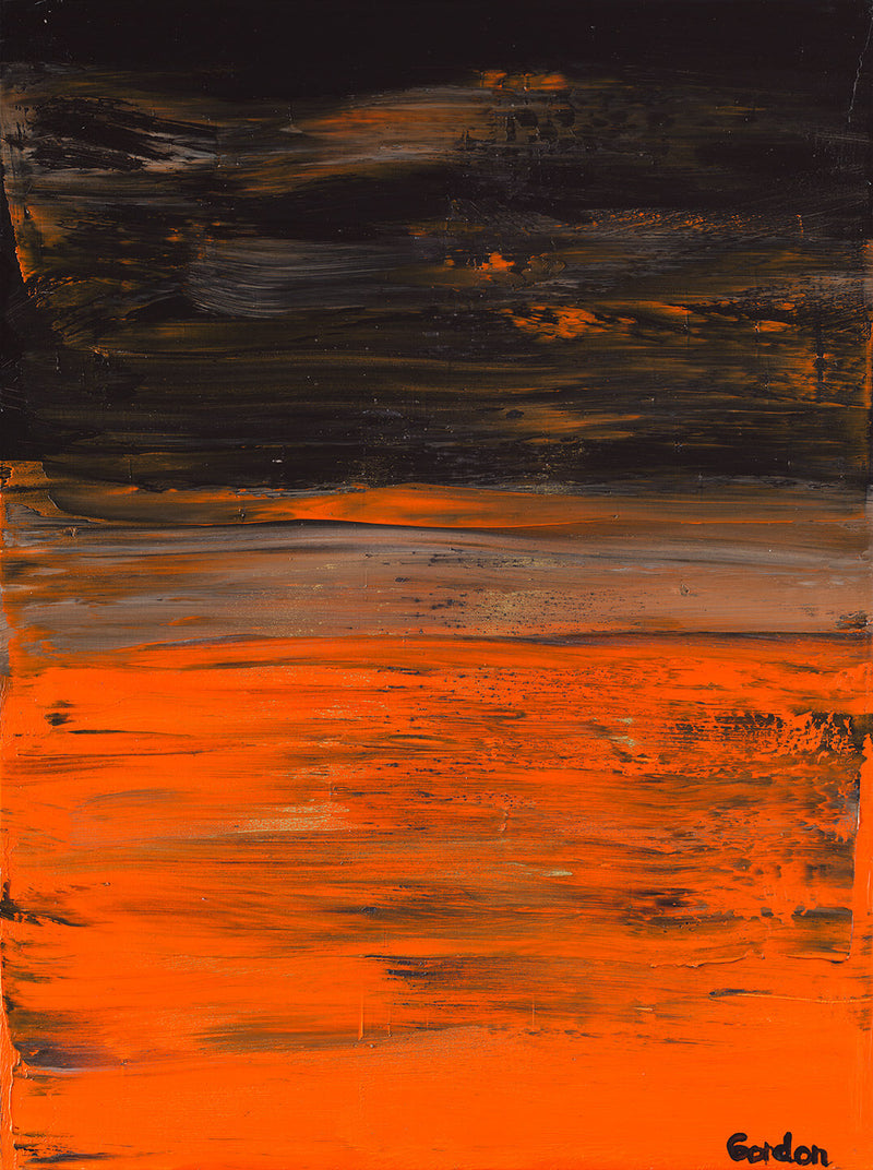 Horizons over land and sea. Black, orange, and gold horizontal layers overlapping on structured base.