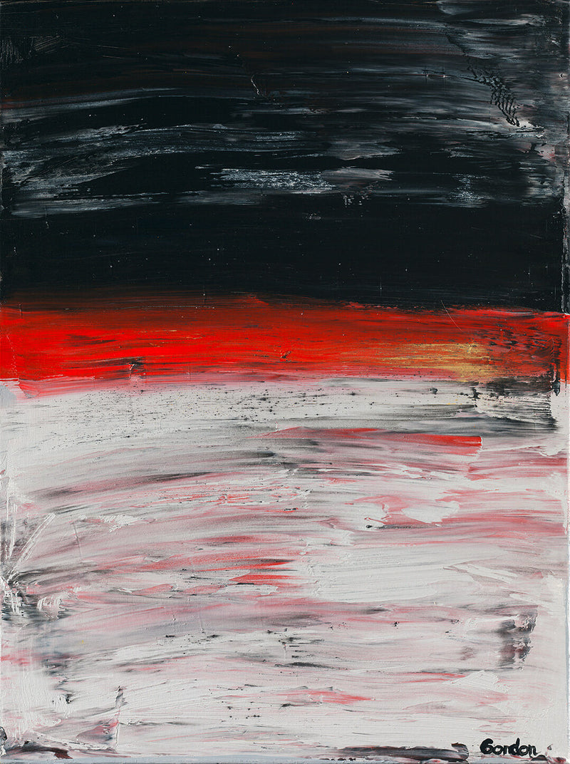 Horizon. Black, red and grey horizontal overlapping layers on structured colour base.