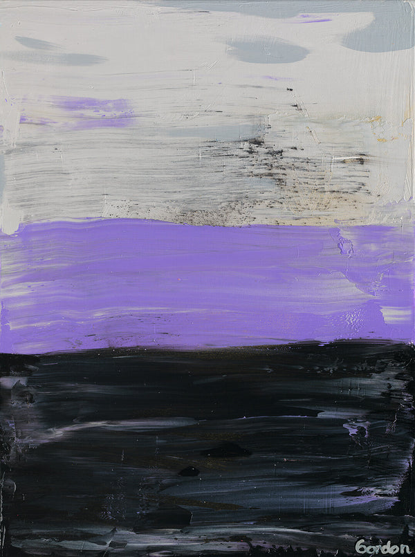 Horizons over land and sea. Grey, violet, and black horizontal overlapping layers on structured base.