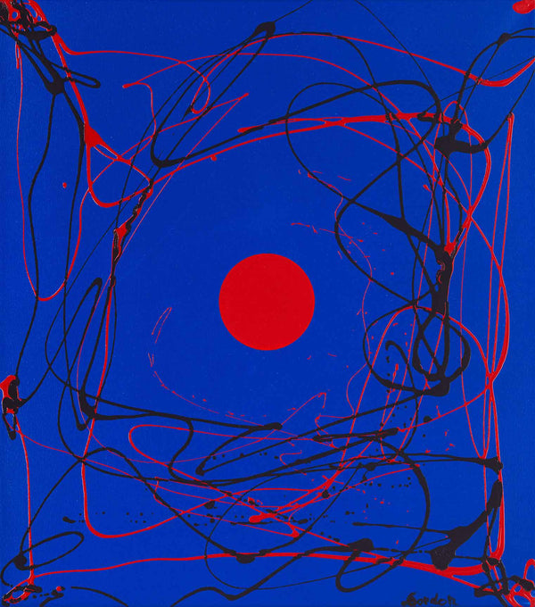 Red sphere on blue with drips. 
