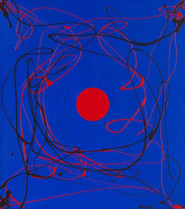 Red sphere on blue background with outlines.