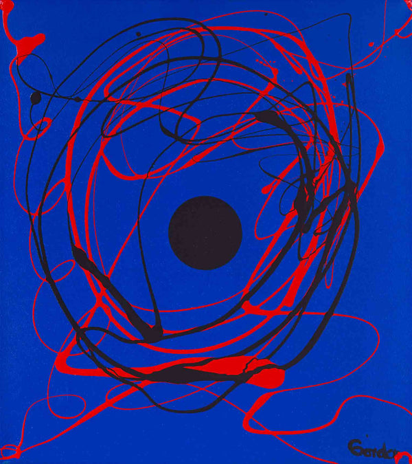 Black sphere on blue with red and black spatter.