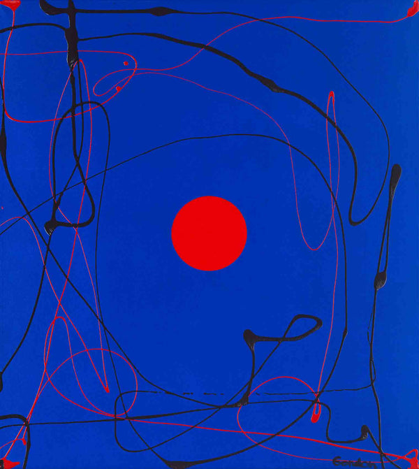 Black sphere on blue with red and black outlines.