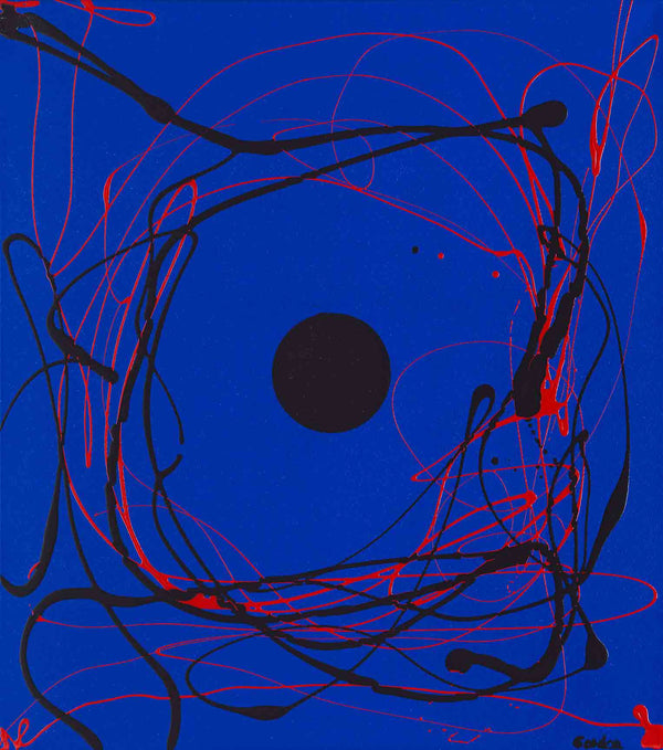 Red sphere on blue. Black spatter.