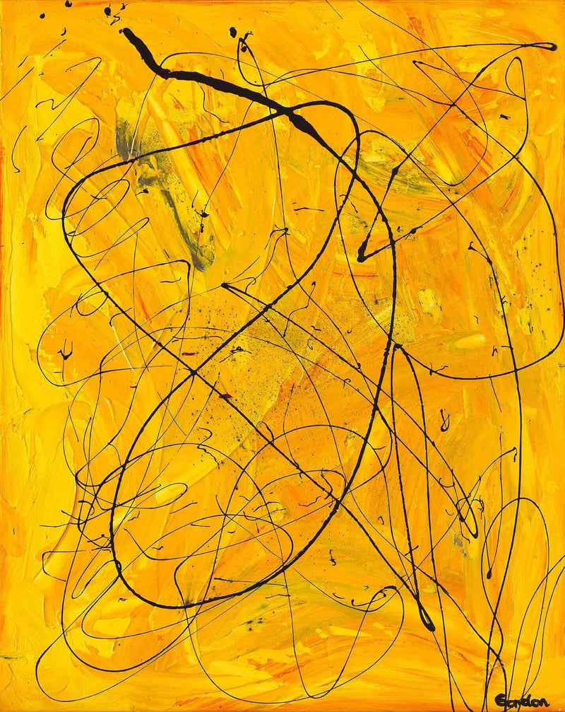 Outlines on structured yellow base with multi coloured overlapping layers.