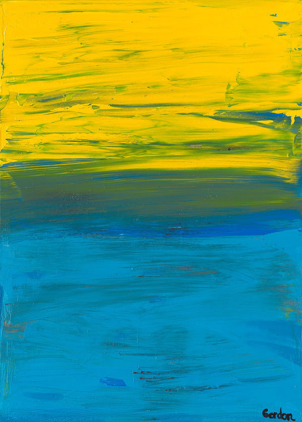 Sea and land. Yellow, green, gold, and blue horizontal layers on structured colour base.