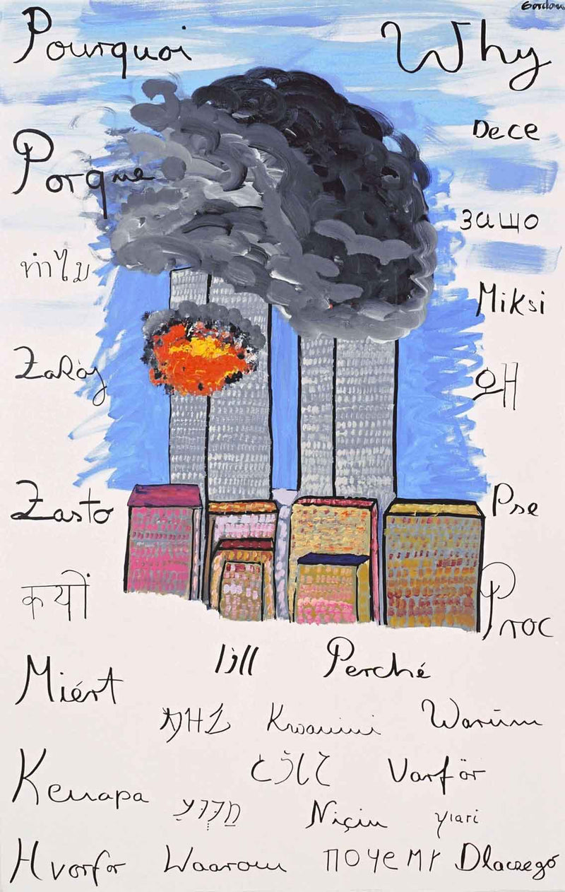 The attack on the Twin Towers. Mixed media collage of towers burning.