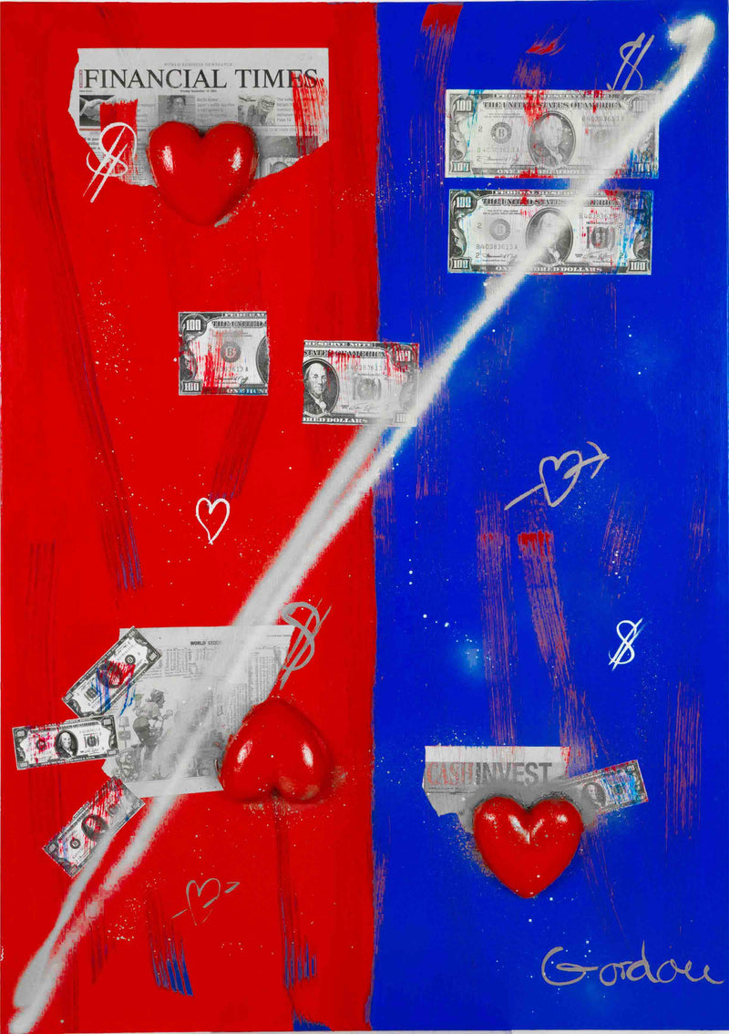 Collage with three hearts and newspaper clippings on red and blue.
